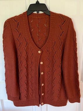 Rust cardigan sweater, Merino Wool blend, lace design, hand knit, Women’s XL